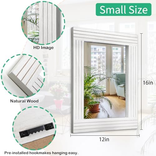 Wood Mirror Rectangular Framed Rustic Vintage Mirrors Decor Farmhouse Bedroom Bathroom Mirror for Dressing Table Entrance Small 16"x12" White
