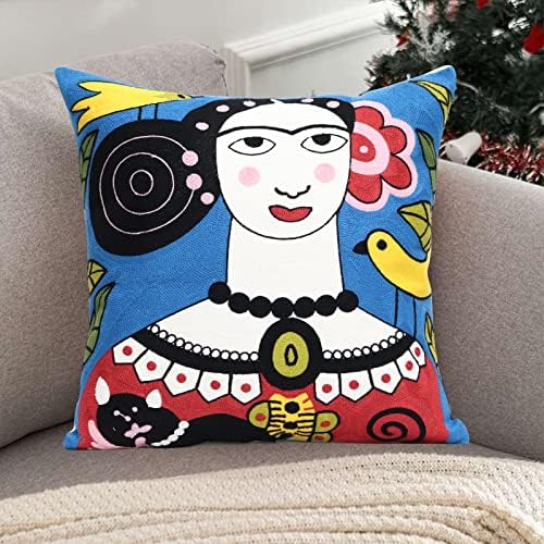 Soft Cotton Throw Pillow Covers Abstract Art Exaggerated Mythology Figure Embroidery Square Cushion Cover Outdoor Balcony Pillow Cases for Sofa Bed Chair 18 x 18 Inches (Pattern-1)