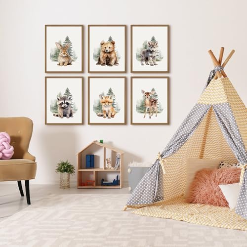 Woodland Animal Nursery Wall Art Decor Set of 6 Baby Boys Room Wall Art Forest Animal Canvas Wall Decor Kids Art Prints Watercolor Bear Deer Fox Pictures Artwork for Bedroom 12x16 Inch Wood Framed