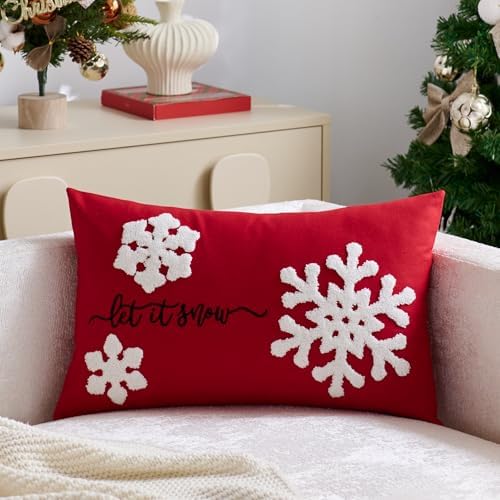 Red Christmas Pillow Covers 12x20 Inch Embroidery Snowflake Xmas Decorative Lumbar Throw Pillow Cover Winter Holiday Pillow Case Cushion Cases for Sofa Couch Living Room Decorations