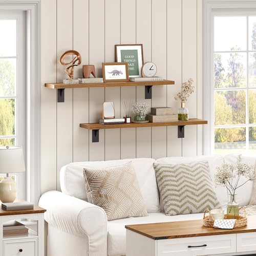 HOOBRO Floating Shelves for Wall, 31.5" Wall Mounted Shelves Set of 2, Hanging Storage Shelf with Metal Brackets, Wooden Shelf for Living Room, Bedroom, Bathroom, Rustic Brown and Black BF82BJP201G1