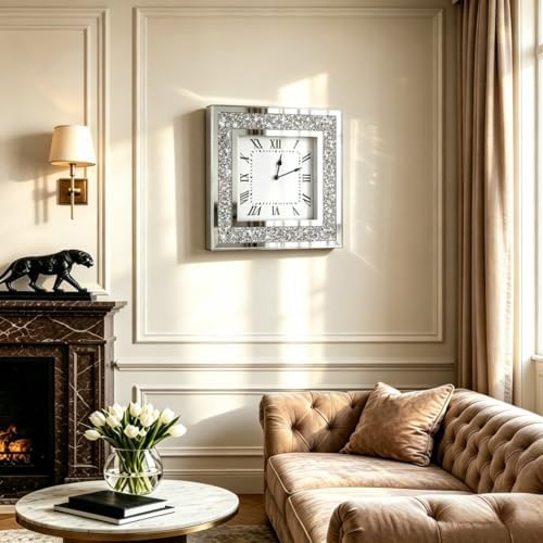 Crystal Crush Diamond Mirrored Square Wall Clock with Sparkle Twinkle Bling Diamond Decor for Wall Decoration, 16x16 inch Decorative Silver Mirror Quartz Clock for Home Decor. AA Battery not included
