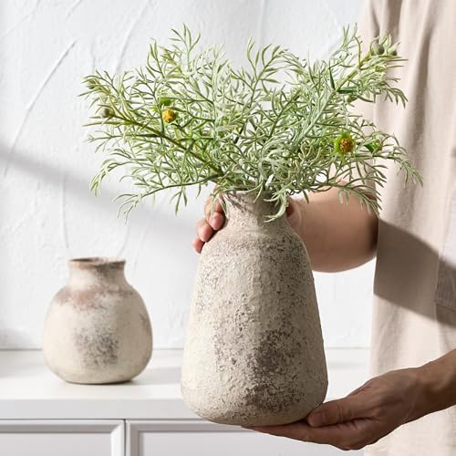 PORCER Ceramic Vase Set of 2 for Home Decor, Handcrafted Vintage Terracotta Vases, Rustic Farmhouse Decor, Minimalist Decorative Vase Set for Table Centerpiece Fireplace Nightstand Decoration - Brown