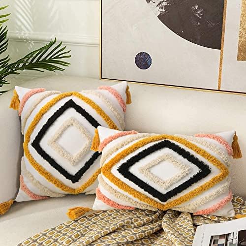 JASEN Colorful Boho Throw Pillow Covers 12x20, Diamond Pattern Lumbar Pillow Covers with Tassel Woven Tufted Decorative Pillow Cover for Couch Sofa Bedroom Living Room