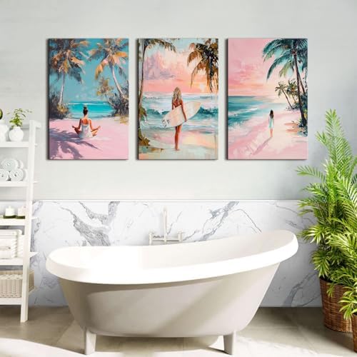 Trendy Pink Beach Canvas Wall Art Abstract Coastal Wall Decor Preppy Yoga Girls Canvas Pictures Aesthetic Ocean Seascape Painting Artwork for Girls Bedroom Bathroom Home Decorations 16x24" 3Pcs