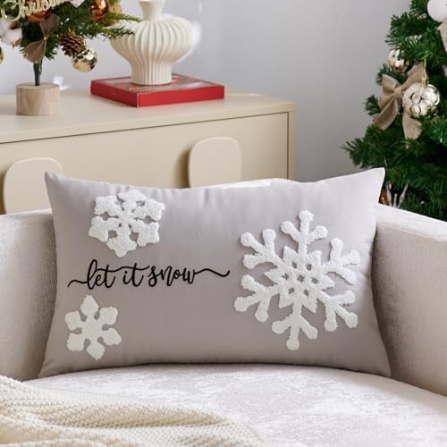 Gray Christmas Pillow Covers 12x20 Inch Embroidery Snowflake Xmas Decorative Lumbar Throw Pillow Cover Winter Holiday Pillow Case Cushion Cases for Sofa Couch Living Room Decorations Green