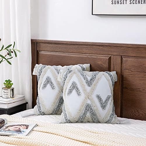 Merrycolor Boho Decorative Throw Pillow Covers Grey and White Pillow Cover with Tassels Soft Woven Tufted Pillow Case Neutral Accent Cushion Cover for Couch Sofa Bedroom,18x18,1PC