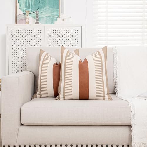 2 Pack 18x18 Inch Pillow Covers - Brown Faux Leather & Tan Stripe Print Soft Canvas Splicing, Same Pattern Both Sides | for Sofa Couch Bed Living Room, Farmhouse Industrial Minimalist Decor
