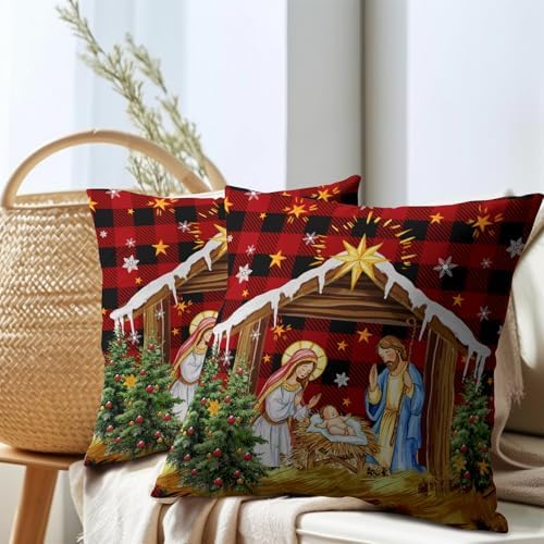 Jesus Nativity Throw Pillow Cover 22x22 Inch Set of 2 Xmas Red Buffalo Plaid Pillow Case Christma O Holy Night Winter Holiday Cushion Case for Home Living Room Couch Sofa Decor
