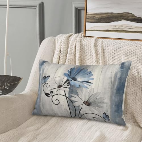 Baby Blue Floral Pillow Covers 12 x 20 Inch Set of 2 Daisy Floral Butterfly Decorative Throw Pillow Covers Linen Rustic Farmhouse Cushion Cases for Home Sofa Couch Living Room Decor