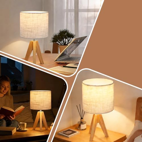 Tripod Table Lamp, Small Bedside Night Stand Lamp with 3 Colors, Decorative Lamp for Bedroom, Nursery, Living Room (Bulb Included) (Natural Wood)