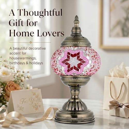 GOGERS Turkish Moroccan Table Lamp Lantern with Handmade Mosaic Glass Lampshade Tiffany Style Bohemian Stained Glass Decorative Desk Lamps Bedside Night Lights for Bedroom (Pink)