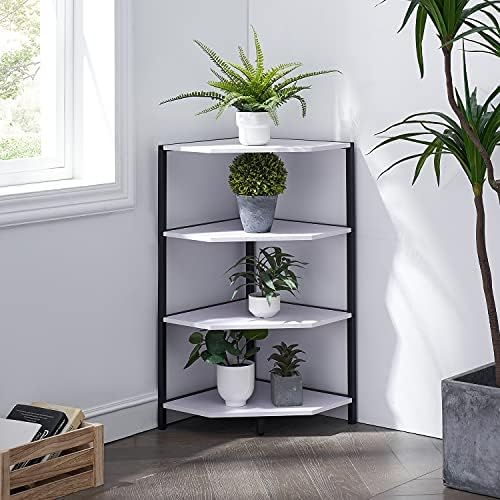 VECELO 31 Inch Corner Shelf, 4-Tier Display Shelves, Wood Storage Stand with Metal Frame, Multipurpose Shelving Unit for Small Space, Home Office, White