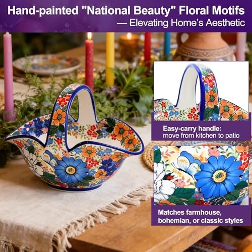 Ceramic Fruit Basket with Handle, Small Decorative Table Candy Bowl