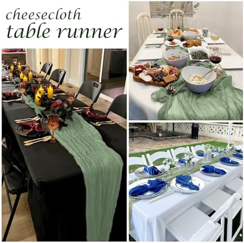 12 Pack Sage Green Cheesecloth Table Runner 17 x 108 Inch Gauze Table Runner Fabric Semi Sheer Cheese Cloth Table Decor Bulk for Rustic Romantic Wedding Baby Shower Table Decoration