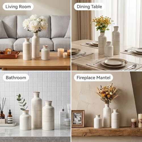 Vintage Ceramic Flower Vase Set of 3, Rustic Farmhouse Vase for Home Decor, Distressed Decorative Vase for Table Entryway Mantel Centerpiece Living Room Bathroom Bedroom (Linen Off-White)