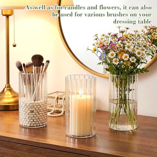 12 pcs Ribbed Glass Cylinder,6 inch Flower Vases for Centerpieces | Clear Glass Candle Cylinders, Flower Vase & Floating Candle Holder, Wedding Decorations, Dining Table & Home Décor Gift