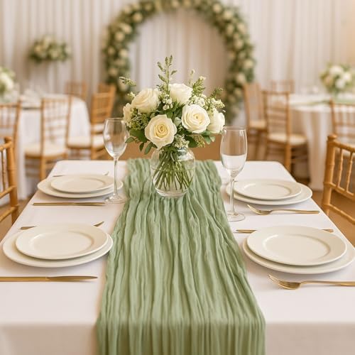 10FT Sage Green Cheesecloth Table Runner – 120 Inch Gauze Table Decor for Rustic Wedding, Garden Baby Shower, Farmhouse Bridal Brunch or Boho Home Styling