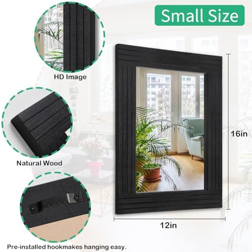 Black Vintage Rustic Wood Framed Wall Mirror Farmhouse Rectanglular Antique Decor Hanging Mirror for Bathroom Bedroom Living Room Entryway Large 16"x12"