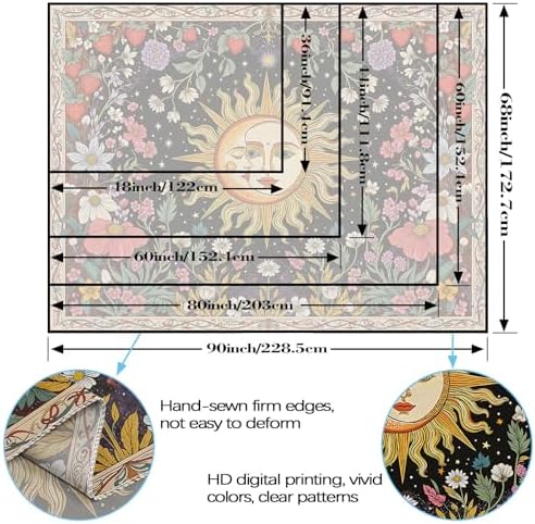 Accnicc Sun and Moon Tapestry Boho Vintage Floral Wall Tapestry for Bedroom Aesthetic Hippie Celestial Botanical Colorful Plant Small Tapestries Wall Hanging for Living Room Dorm 48 x 36 Inch