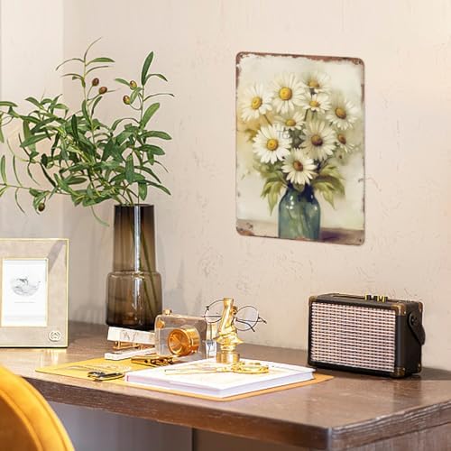12x8 inches Vintage Tin Sign, Flowers White Daisy with Dew Drop, Metal Sign Retro Wall Decor for Home, Cafes, Office, Store, Pubs, Club, Gift, Plaque Tin Sign(84)