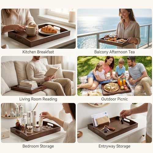 GOLD HONEY Bamboo Serving Tray with Handles, Wooden Serving Tray Set of 2