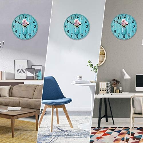 TAHEAT 14 Inch Flowers in Bottle Pattern Wall Clock, Retro Vintage Floral Silent Non Ticking Wooden Clocks, Decorative Easy to Read for Kitchen Living Room Bedroom Bathroom Office Decor