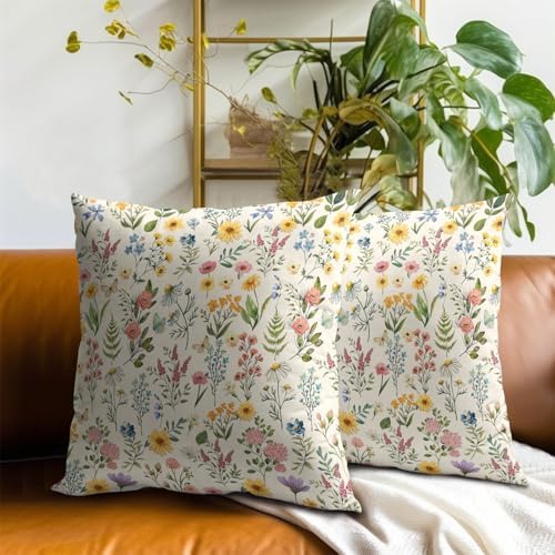 Watercolor Wildflower Pillow Covers 16x16 Inch Set of 2 Floral and Butterfly Throw Pillow Cases Spring Summer Flowers Decorative Cushion Covers for Couch Bed Sofa Home Decor