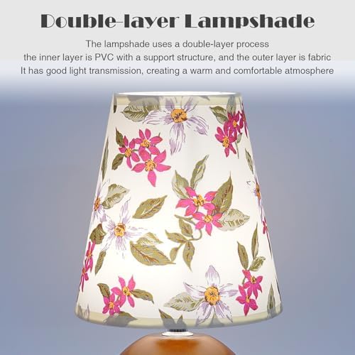 Vintage Wooden Night Lamp, Wood Base Fabric Lampshade, Adjustable Light Color and Brightness with Power-Off Memory, Safe USB Powered, Retro LED Table Light for Bedroom Living Room Office (Red Flowers)