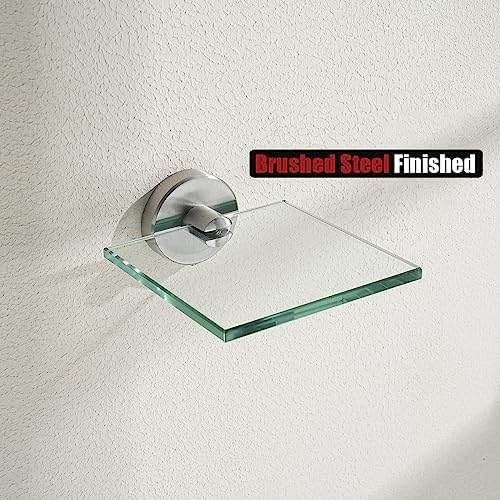 JQK Small Floating Glass Shelves Brushed, 4 Inch Display Ledges for Wall, Mini Decor, Living Room Bedroom Bathroom, Tempered Glass Shower Storage, 2 Pack, TGS101L4-BN-P2