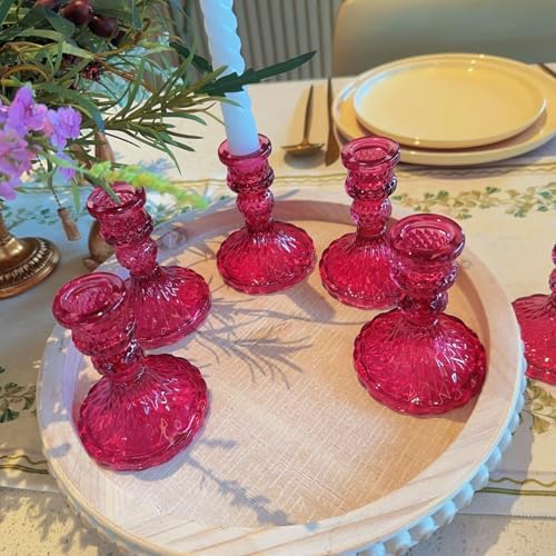Glass Candlestick Holder,Striped Taper Candle Holders,Set of 6 Candle Stand for Table Centerpieces, Home Decor,Weddings,Festival and Parties (GCH002-Purple Dimond)