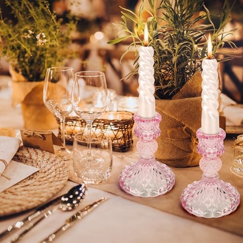 Glass Candle Holder, 2PCS Decorative Candle Sticks Pillar Candle Stand for Formal Events Wedding Party Table Centerpieces Home Decoration, Pink