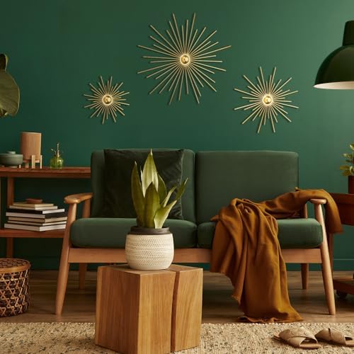 Fourluoo 3 Pcs Metal Starburst Wall Decor Gold Metal Wall Art 3D Spike Bling Finish Star Burst Hangings Accents Sculptures Set Modern Mid Century Decorations for Living Room Bedroom Entryway
