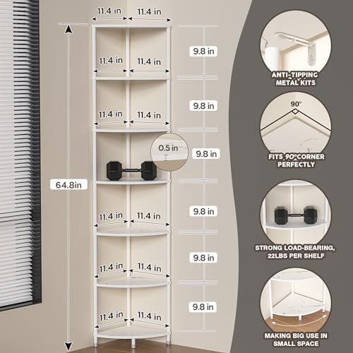 7 Tier Corner Shelf Stand, 64.7", Marble White