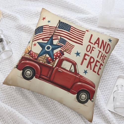 Patriotic Red Truck 4th of July Pillow Cover for Sofa, Couch, and Car