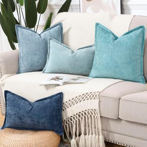 MADIZZ Decorative Chenille Velvet Throw Pillow Covers Set of 2 Soft Boho Textured Neutral Couch Throw Pillow for Bed Modern Farmhouse Home Decor for Sofa Livingroom Turquoise 16x16 Inch