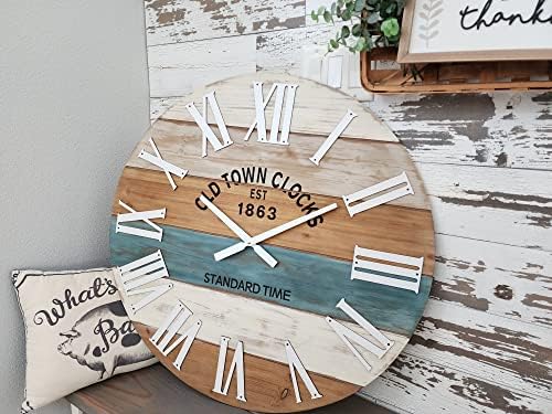 24" Wooden Multi-Color Maritime Coastal Beach Large Roman Wall Clock (Blue, 24 inch)