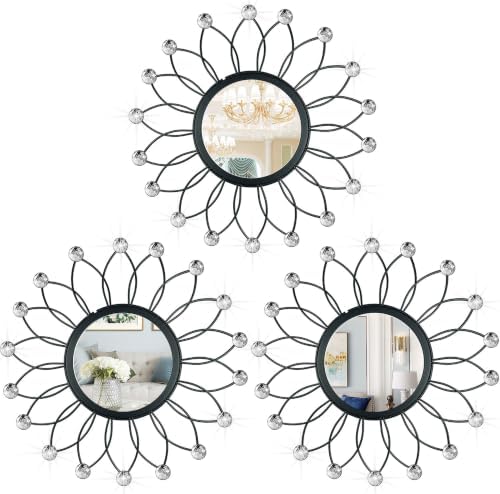 3 Pack Metal Mirrors for Wall Sunburst Wall Mirrors Home Décor Decorative Hanging Wall Art for Living Room Bedroom Entryway (Black Crystal, Flowers)
