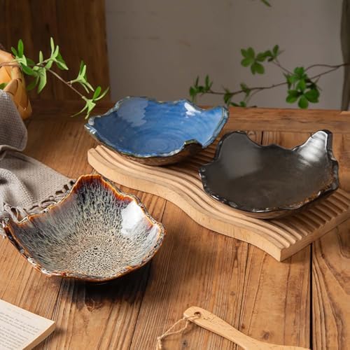 8" Small Ceramic Decorative Bowl 1 Pice – Irregular Rim Reactive Glaze Candy Plate, Berry Bowl, Entryway Catchall, Japanese Style Fruit Dish for Tabletop or Home Decor (Black)