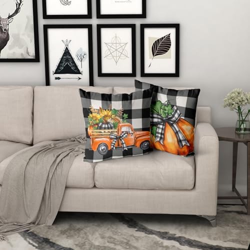 Giwawa Fall Pillow Covers Set of 2, Orange Autumn Truck Pumpkins Throw Pillowcases 18x18 Inches with Black White Buffalo Plaids, Soft Cotton Square Cushion Cover for Sofa Couch Bedding Home Decor