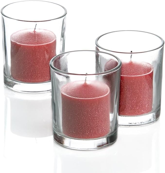 Set of 72 Richland Votive Candles Red Unscented and 72 Clear Glass Eastland Votive Holders