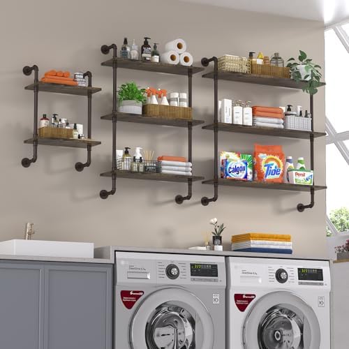 Helsin 2 Tier Industrial Pipe Floating Bathroom Shelves, 16inch Rustic Wood Wall Mounted Shelf, Storage Rack Sundries Holder for Kitchen Office Bathroom Organization & Home Décor