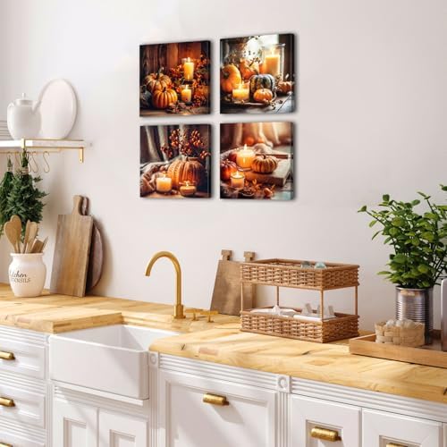 Fall Wall Decor Pumpkin Wall Art for Kitchen Dining Room Halloween Decorations Rustic Farmhouse Candle Canvas Prints Pictures Autumn Harvest Theme Poster Festival Party Home Decorations 16x16" 4Pcs