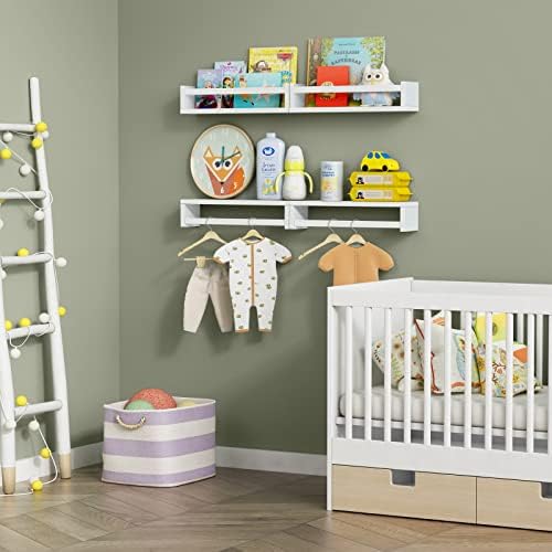 Forbena Floating Nursery Book Shelves for Wall Set of 4, Wall Bookshelf for Kids Room, White Wood Hanging Bookshelves Book Shelf for Baby Toddler Childrens Boy Girl Bedoom Toy and Decor Storage
