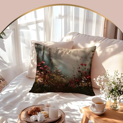 Vintage Moody Red Floral Pillow Cover 18x18 Double-Sided, Dark Gothic Misty Forest Landscape Decorative Throw Pillow Cover for Home Bedroom Living Room