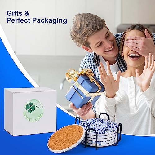 Ceramic Coasters for Drinks Absorbent - Metal Holder Set, Dry & Clean, Anti-Slip Cork Bottom - Blue and White Porcelain, Perfect for Living Room, Kitchen, or Outdoor Use