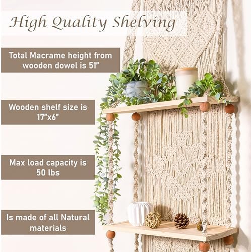 Macrame Wall Hanging Shelf 3 Tier Boho Wall Plant Hanger Shelves, Handmade of Woven Rope Boho Shelves Organizer for Living Room Bathroom Home Storage Floating Plant Rack Bohemian décor