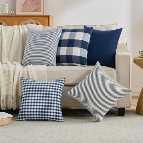 Nautical Navy Blue Buffalo Check Plaid Throw Pillow Covers 18x18 Set of 4