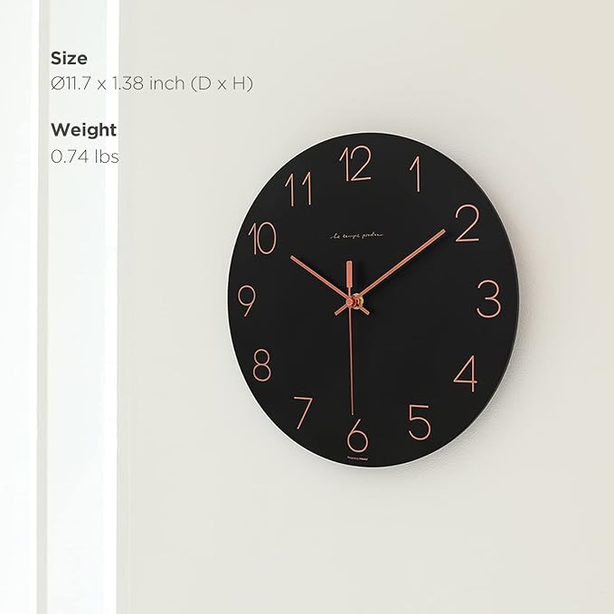 mooas Flatwood Wall Clock (Black),12" Non-Ticking Sweep Movement | Decorative Modern Battery Operated Decorative Wall Clock for Home Living Room Kitchen Bedroom Office School Cafe Hotel