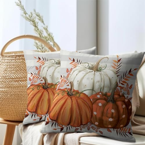 Fall Pumpkins Outdoor Pillows 20x20 Inch Set of 2 Autumn Harvest Pumpkin Pillowcase Buffalo Plaid Maple Leaves Decorative Throw Cushion Cover for Thanksgiving Seasonal Home Couch Porch Patio Decor